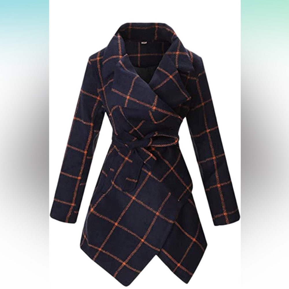 BLUE Trench Coat Women Turn Down Collar Wrap coat - Picture 1 of 4